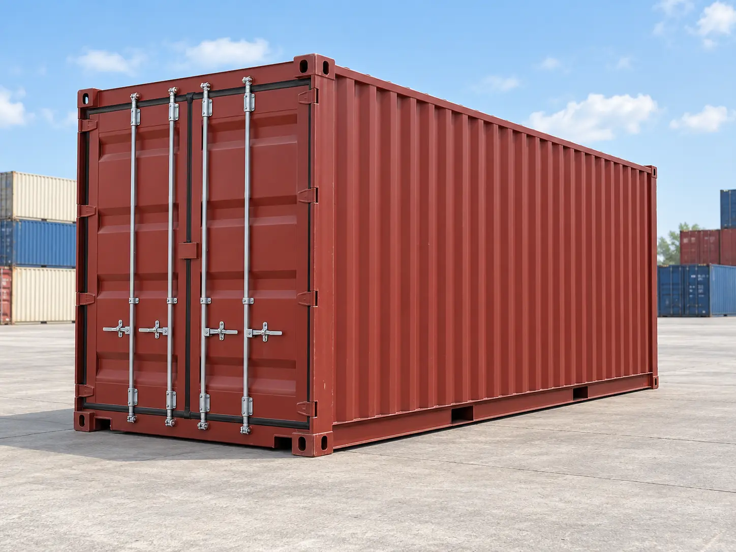 Contenedor de 20 pies Standard rojo con puertas cerradas y vista lateral