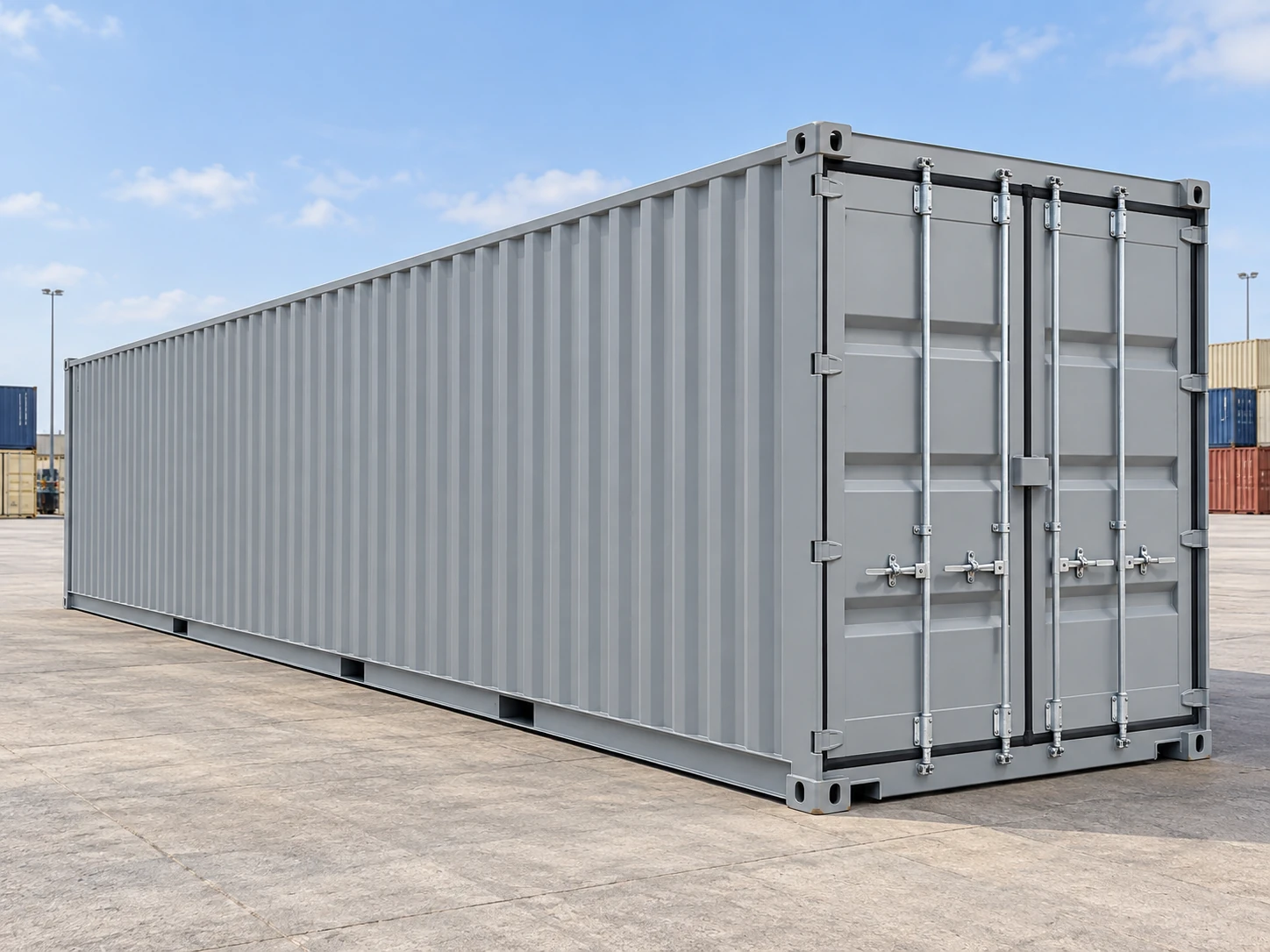Contenedor de 40 pies Standard gris con puertas cerradas y vista lateral